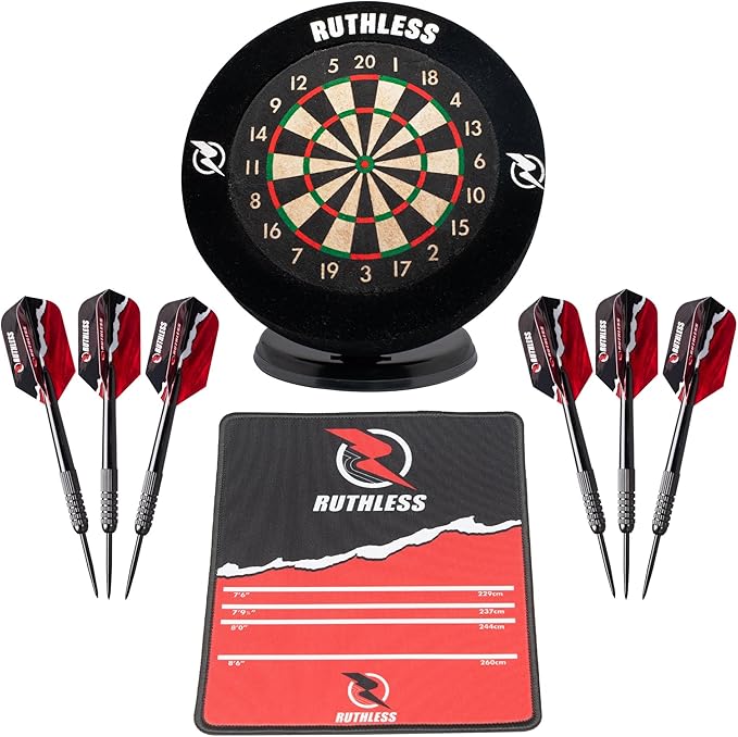 Ruthless Miniature Desk Top Dart Board Set for Home and Office - Includes Mini Steel Tip Darts, Choice of Surround and Mouse Mat