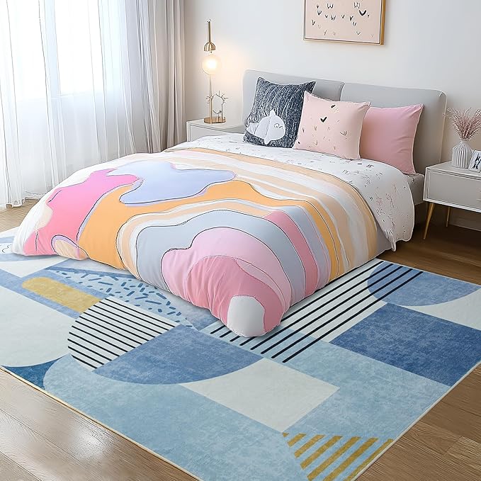 Tepook Blue Area Rug for Living Room, 5x7 Indoor Carpet for Bedroom Washable, Non-Slip Abstract Print Kids Rug for Nursery Playroom Classroom Dorm Office Dining Room
