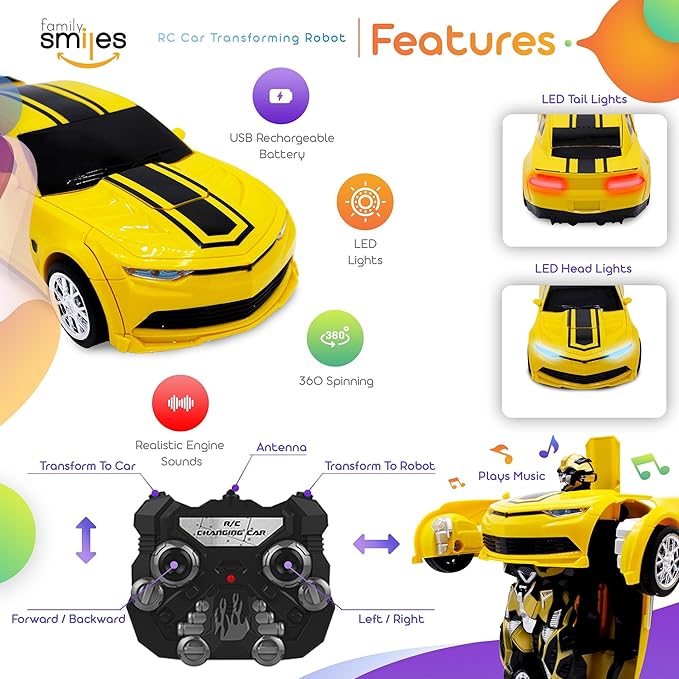 Kids Transforming Robot RC Car Toys for Boys 8-13 Remote Control Gift Yellow