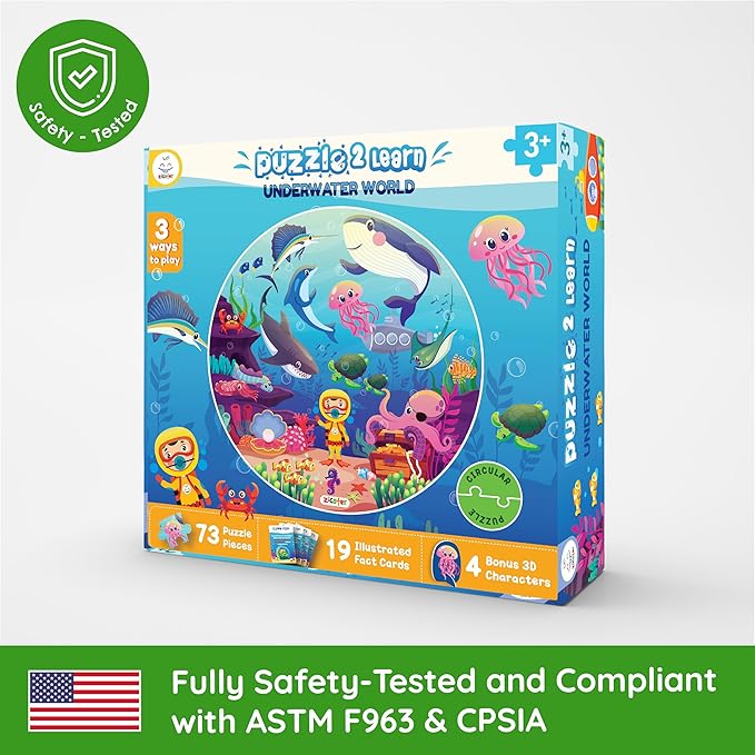 Jumbo 70 Piece Round Floor Puzzles for Kids Ages 3-5, 6-8, Large Jigsaw Puzzle with Educational Flash Cards and 3D Figures | Educational Gift (Underwater World)