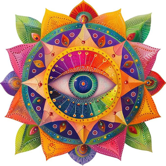 Mandala Wooden Puzzles for Adults, 500 Piece Unique Shaped Wood Evil Eye Jigsaw Puzzles for Adults and Kids, Fun Challenging Puzzles Family Game Gift, 16.5'' x 16.4''