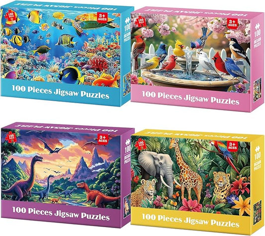 100 Piece Puzzles for Kids 4-8 - Wildlife Birds Marine Dinosaurs Puzzle for Toddlers 3-5 Large Piece Puzzle for Seniors Adults Puzzles for Kids Ages 4-6 6-8 8-10 Educational Toys Gift