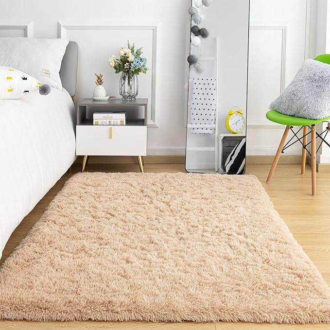 Ompaa Beige Area Rug 9x12 Rugs Large Living Room Fluffy Carpet for Bedroom Dorm, Non-Slip High Pile, Light Tan Modern Big Shag Rug for Classroom Kids Playroom Nursery Home Office Decor