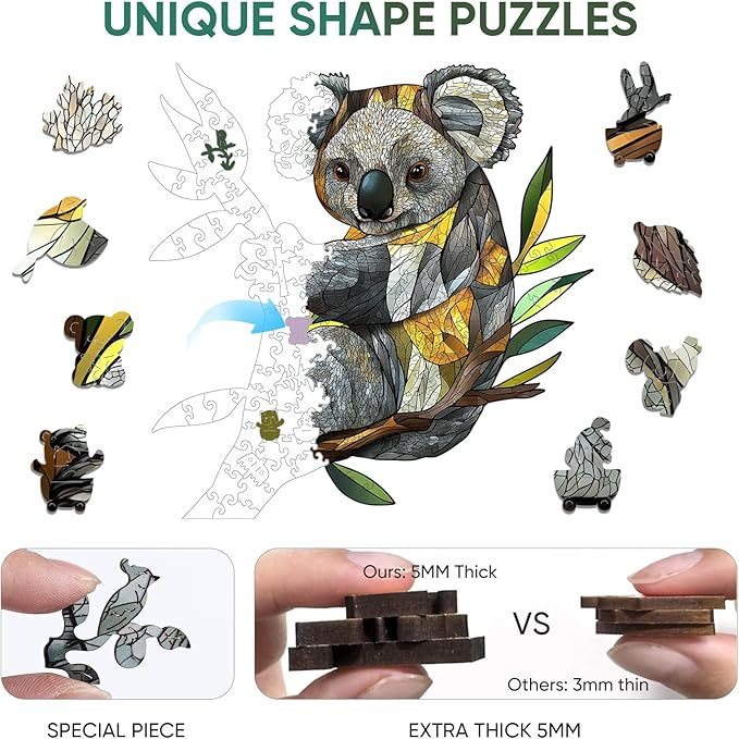Wooden Puzzles for Adults, Koala Jigsaw Puzzles 200 Pieces, Unique Shaped Puzzle for Adults and Kids, Christmas Birthday Gift Family Game 12.4 x 12.6 Inch