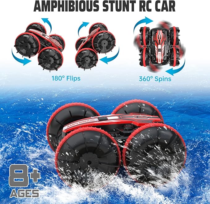 qida Toys for 6-12 Year Old Boys Amphibious Remote Control Car for Kids 2.4 Ghz RC Boat 4WD Waterproof Monster Truck Outdoor RC Vehicle Off Road Stunt Car Birthday Gift Water Beach Pool Toys(Red)