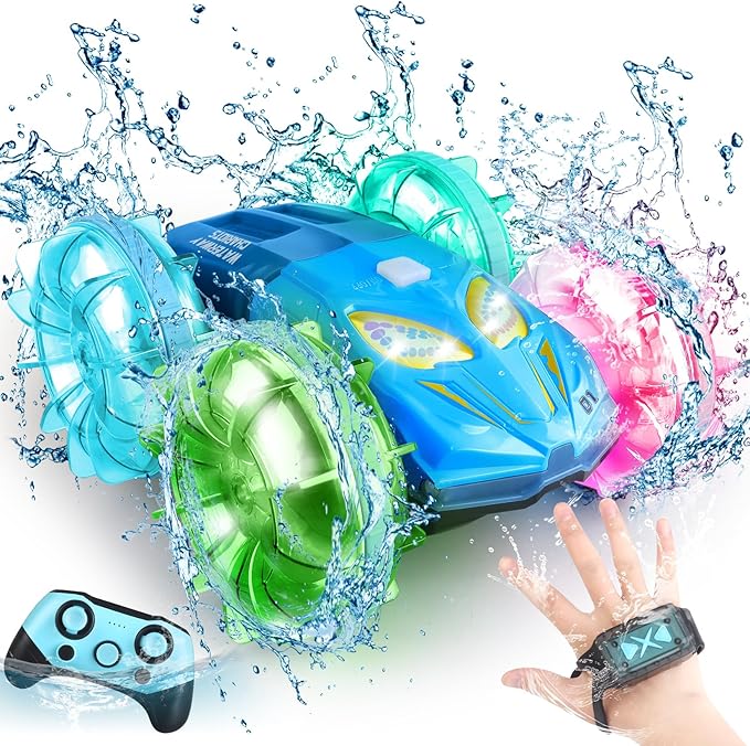 Amphibious Remote Control Car Boat - 4WD RC Stunt Car with Waterproof Gesture Sensing 2.4GHz RC Boat with Lights RC Monster Truck 360° Flips Rotation RC Vehicle Pool Toys Gifts for Boys Girls