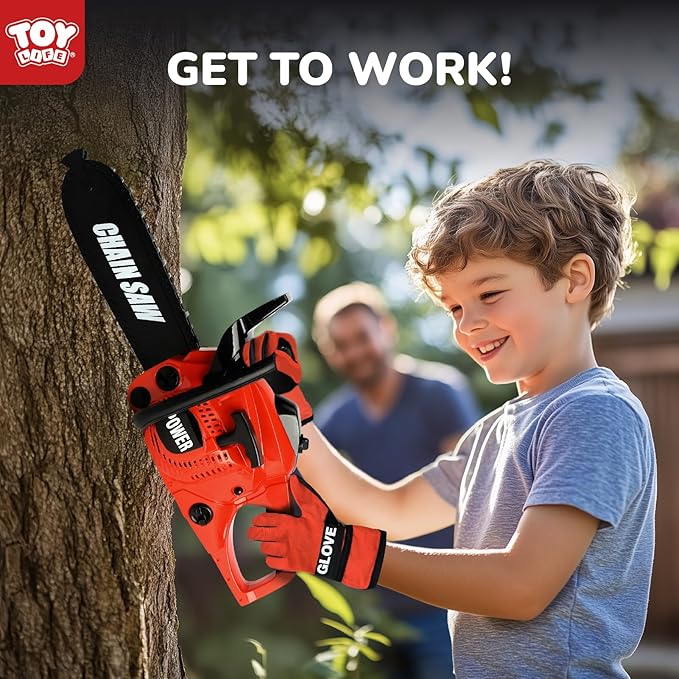 TOY Life Toy Chainsaw Kids Tool Set with Gloves Toddler Pretend Play Construction Tool Electric Chainsaw Play Set Outdoor Toy for Kids Halloween Costume for Boys Ages 3 4 5 6 7 8