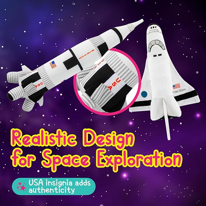 Space Shuttle Plush Toy 14 " & Saturn Rocket 17 ", Mission Ship for Kids, Christmas & Birthday Gifts for Little Astronauts, Boys & Girls, Soft & Huggable, Fun, Great for Imaginative Play
