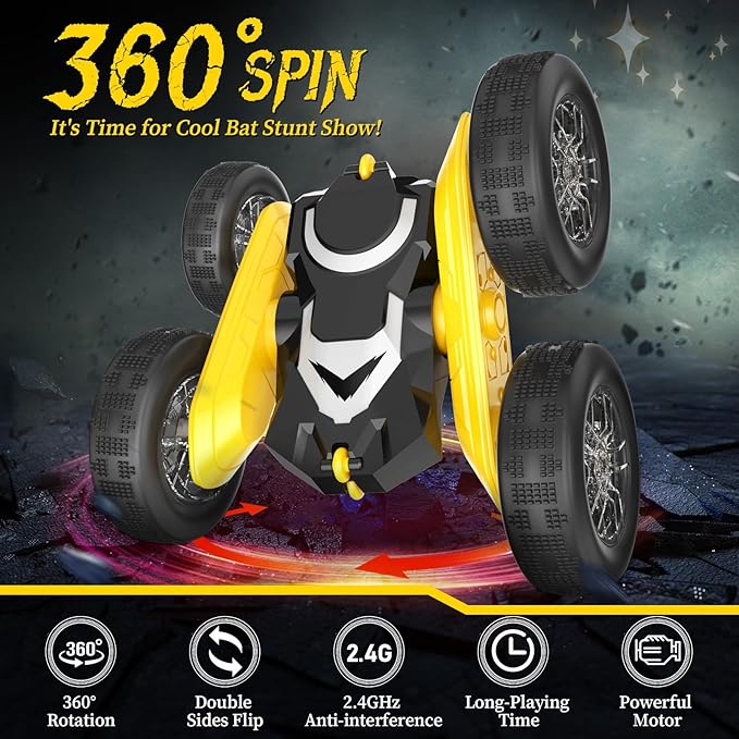 NQD Bat Remote Control Car- Double Sided 360°Rotate RC Stunt Car with Wheel Lights, 4WD Off-Road RC Cars 2.4Ghz Indoor/Outdoor Rechargeable Toy Car for Boys Age 4-7 8-12 Birthday Xmas Gift