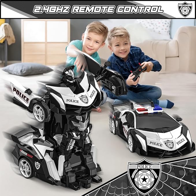 BLUEJAY Transform Rc Cars for Boys 4-7 8-12, 2.4Ghz Remote Control Car 1:18 Scale Transforming Robot, One-Button Deformation 360° Rotation Car Toy Gifts for Boys 3-5 (Police)