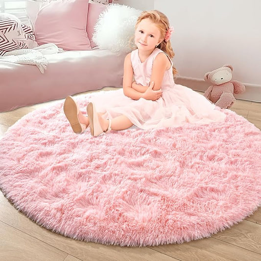 junovo Pink Round Rug 6x6 Feet Fluffy Soft Area Rugs for Kids Girls Room Princess Castle Plush Shaggy Carpet Cute Circle Nursery Rug for Kids Teen's Bedroom Home Decor Large Circular Carpet