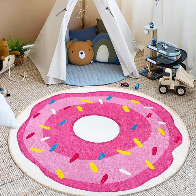 Kids Rug 4Ft Round Play Mat Donut Playroom Rug for Boys Girls Nonslip Circle Bedroom Carpet for Nursery Living Room Bathroom Decor Easy Washable Children Throw Rug, Pink