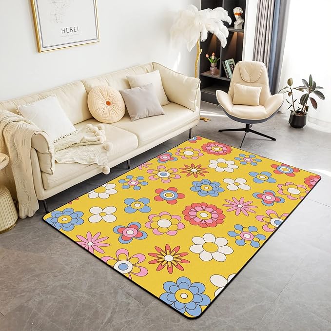 Erosebridal Cute Retro Groovy Flowers Area Rug 5x7 Kawaii Colorful Floral Rug for Kids Girls Bedroom,Cartoon 70S 80S Carpet Hippie Aesthetic Non Slip Living Room Rugs