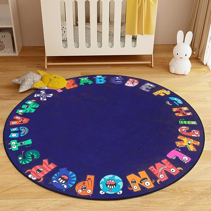 ABC Alphabet Rug for Kids, Classroom Playmat 6ft Non-Slip Circle Rugs for playroom, Round Area Rug for Elementary Classroom, Play Carpet for Boys Girls Bedrooms Playroom,Nursery RugsBlue