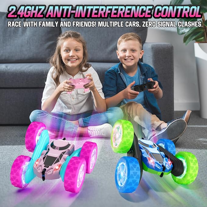 Pink Remote Control Car for Girls 6-12 Year Old Double Sided 360°Rotating 4WD Rechargeable RC Cars Race Stunt Toy Car for Kids Birthday
