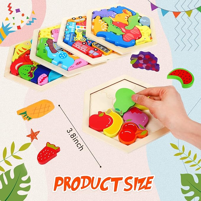5 Pack Wooden Tangram Puzzle for Kids Wooden Hexagon Puzzle Block Teaser Geometric Shapes Tangram Games for Jigsaw 3D Logic IQ Game Gift(Cute)