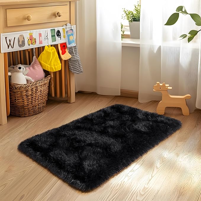 Super Fluffy Throw Rug for Bedroom, Modern Shag Black Area Rugs, Soft and Cozy Plush Small Carpet for Kids,Girls Boys and Teens Decorations for Living Room Dorm Nursery Classroom, 2x4 Feet