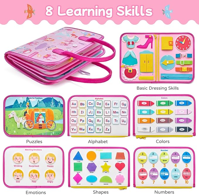 Freebear Busy Board, Toddler Travel Toys, Sensory Toys for Toddlers 2 3 4, Montessori Learning Toys for Toddlers Activities Board, Educational Toys for 2 3 Year Old Boys Girls Gift, Princess Medium