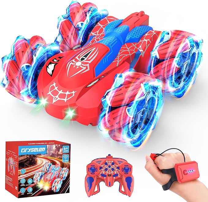 Remote Control Car 2.4Ghz RC Cars with LED Lights Double Sided Off-Road 360°Rotating Roll RC Cars Rechargeable 4WD RC Stunt Car Indoor Outdoor Toys for Boys Girls 6-13 (Red)