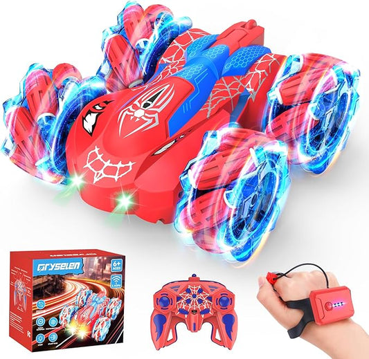 Remote Control Car 2.4Ghz RC Cars with LED Lights Double Sided Off-Road 360°Rotating Roll RC Cars Rechargeable 4WD RC Stunt Car Indoor Outdoor Toys for Boys Girls 6-13 (Red)