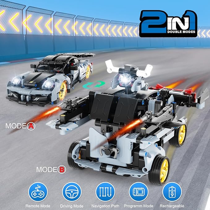 STEM Remote Control Car Building Kit Toys for Kids Age 8-12 with 2in1 STEM Robots Building Set Remote & APP Controlled Car/Robot, RC Car Toy Set for Boys Girls 466 Pcs (Black)