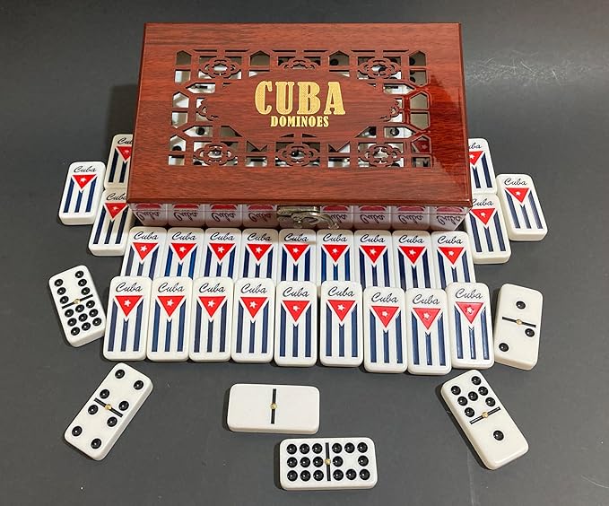 PRK 14 Cuban Double 9 Dominoes Set in Premium Wooden Box – Classic White Tiles with Colored Dots Dominoes in Durable Wooden Storage Case – Traditional Cuban Style for Family & Friends