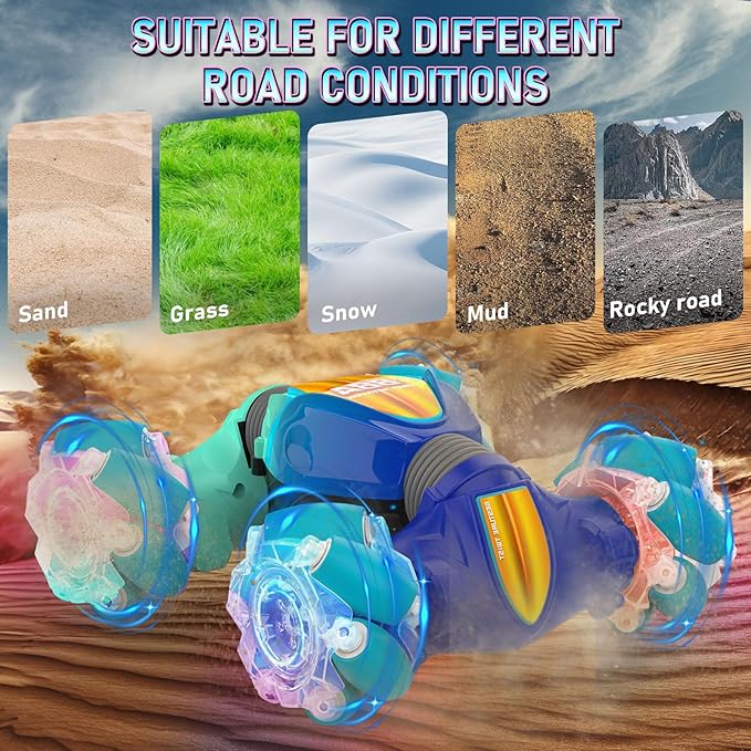 Remote Control Car, Gesture Sensor RC Stunt Cars Toys for Boys Girls Age 6 7 8 9 10 11 12+ Years Old, 2.4GHz 4WD 360° Flips Off Road RC Vehicle Toy with Lights/Music, Best Gifts for Kids, Blue