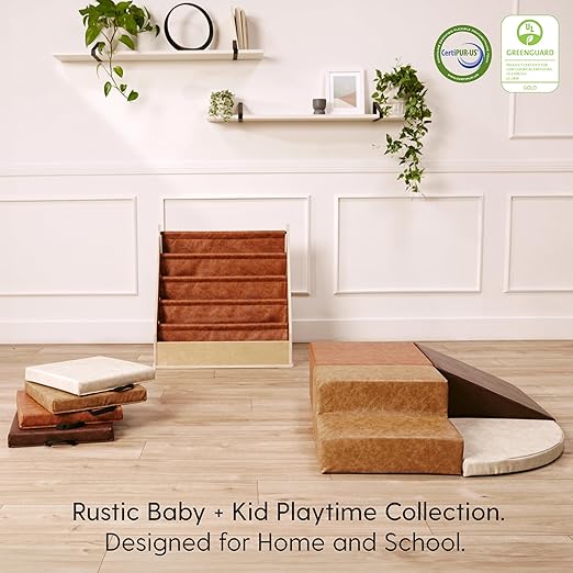 FDP Rustic Western Toddler Playtime Corner Climber, Distressed Faux Hide Leather, Indoor Active Play Structure for Toddlers and Kids, Safe Soft Foam for Crawling and Sliding (4-Piece Set), 11619-DA