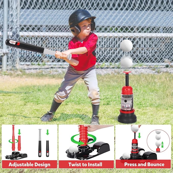 T Ball Set, Tee Ball Set for Kids 3-5 with 6 Large Baseballs & Automatic Pitching Machine & Adjustable Batting Bat, Outdoor Games Sports Toy Gift for Toddlers Boys Girls Ages 5-8 8-12
