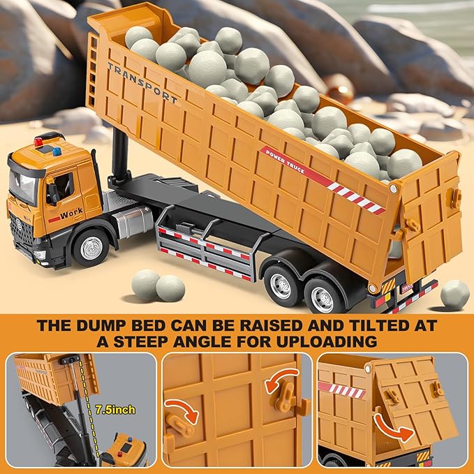 Dump Truck Toy for 3 4 5 6 7 Years Old Boys, Large Semi Truck with Metal Cab, Lights and Sounds, Friction Powered Tractor Trailer Car, Kids Birthday Gifts for Over 3 Years Old Boys Kids 16.5"