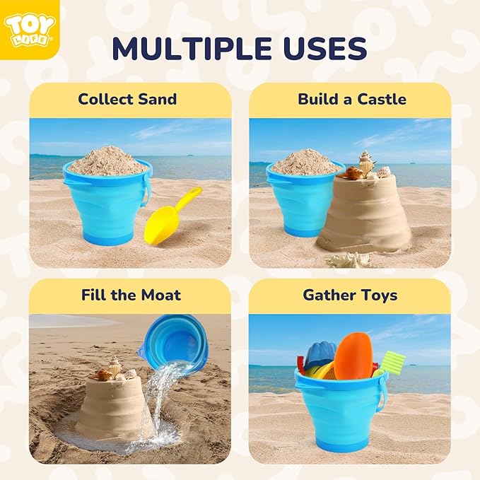 TOY Life Beach Toys for Kids Ages 4-8 Collapsible Sand Toys Toddlers with Silicone Bucket Shovels & Sand Castle Building Kit Molds, Sandbox Toy Travel, Beach Party, Fishing, Summer Activities