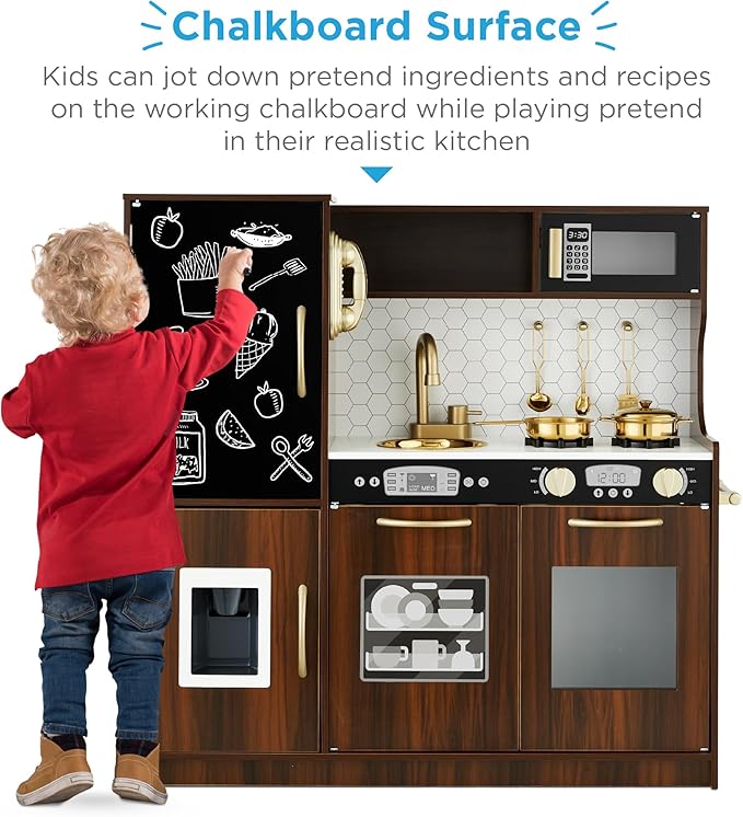 Best Choice Products Pretend Play Kitchen Wooden Toy Set for Kids w/Realistic Design, Telephone, Utensils, Oven, Microwave, Sink - Espresso
