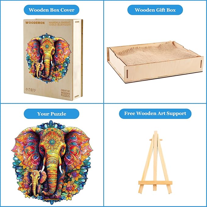 Wooden Puzzles for Adults, Mandala Elephant (M-200pcs) Wooden Jigsaw Puzzles Kids, 9.6 * 9.3in Unique Shaped Animal Wood Puzzles Adults, Fathers Birthday Family Games