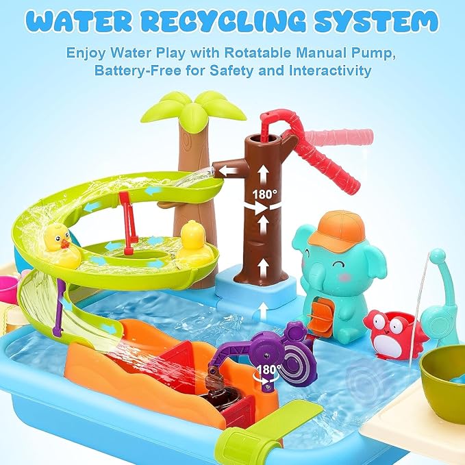 4-in-1 Kitchen Sink Toy with Upgraded Water Slide Track, Magnetic Fishing Game Floating Toys for Water Play, Pretend Play Dishwasher for Kids Toddlers 1-3 3-8 (Blue)