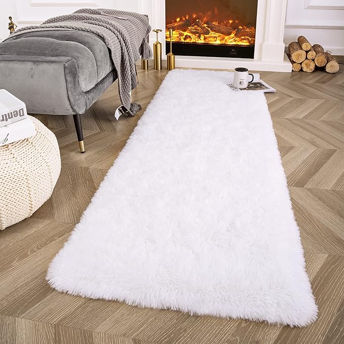 Ompaa Fluffy Runner Rugs, 2x4 Feet White, Super Soft Shaggy Carpet Fuzzy Long Fur Rug for Bedroom Living Room Dorm, Plush Kids Playroom Baby Girls Nursery Decor Mats