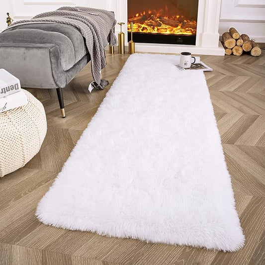 Ompaa Fluffy Runner Rugs, 2x4 Feet White, Super Soft Shaggy Carpet Fuzzy Long Fur Rug for Bedroom Living Room Dorm, Plush Kids Playroom Baby Girls Nursery Decor Mats