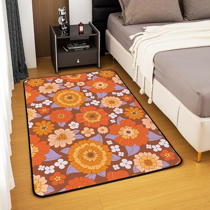 Erosebridal 70S Groovy Flowers Boho Area Rug 5'x6'6'' Hippie Vintage Floral Decorative Rug Retro Sunflowers Dahlias Carpet for Girls Teen Women,Psychedelic Aesthetic Colorful Washable Rug