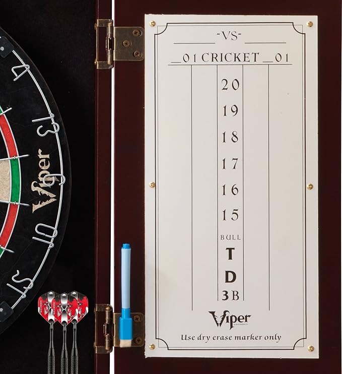 Viper Hudson All-in-One Dart Center: Classic Solid Wood Cabinet & Official Sisal/Bristle Dartboard Bundle with Steel-Tip Dart Set, Dry Erase Scoreboard & Out-Chart, Mahogany Finish