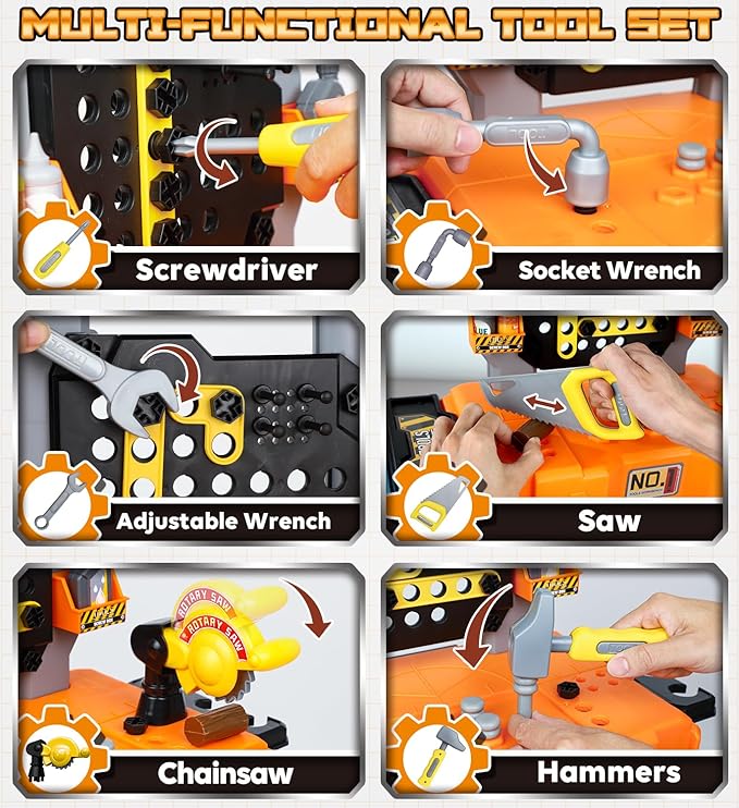 Lehoo Castle Toddler Tool Bench with Electric Drill & Take Apart Construction Vehicles, 2-in-1 Workbench ＆ Toolbox for Kids, Toy Tool Set for Toddlers Age 3, Birthday Festival Gift for Boys & Girls
