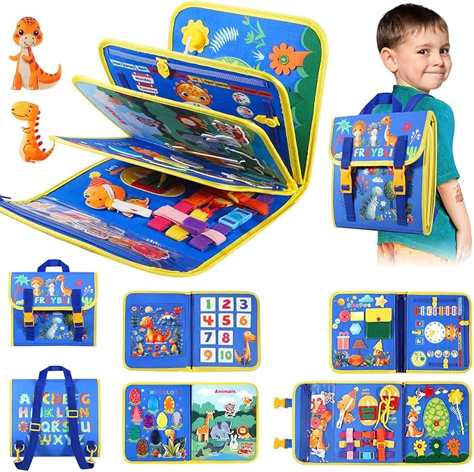 Blue Montessori Busy Board Book for Toddlers 1-3, Montessori Toys for 1-3 Year Old Boy Birthday Gift, Educational Quiet Activity Books for Toddlers, Airplane Car Travel Toys for Ages 1-3 2-4