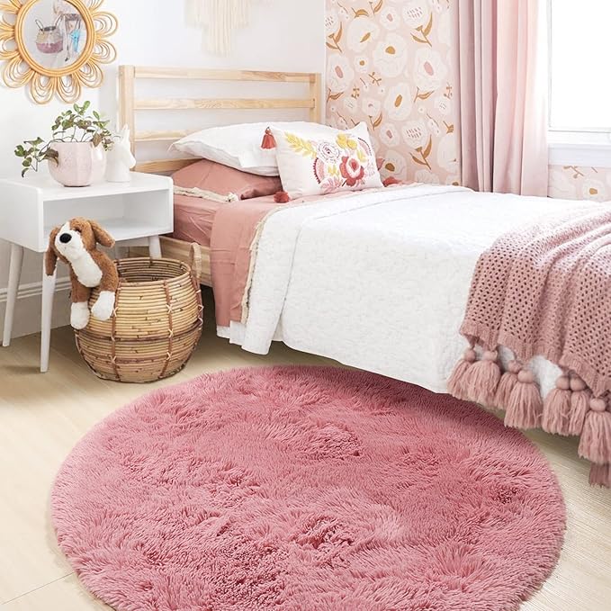 ONASAR Blush Round Area Rugs 5ft, Soft Bedroom Circle Rug Mats for Kids Girls Teen Room, Fluffy Plush Shaggy Carpet for Dorm Nursery Living Room Playroom Home Decor Princess Castle