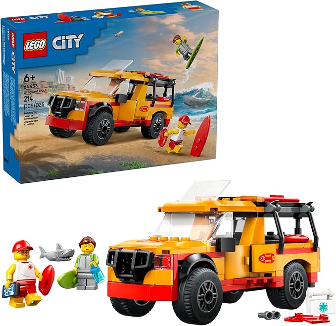 LEGO City Lifeguard Beach Rescue Truck Toy - Building Toy for Kids, Boys and Girls, Ages 6+ - Includes 2 Minifigures, Shark Toy - Gift for Beach-Loving Kids - 60453