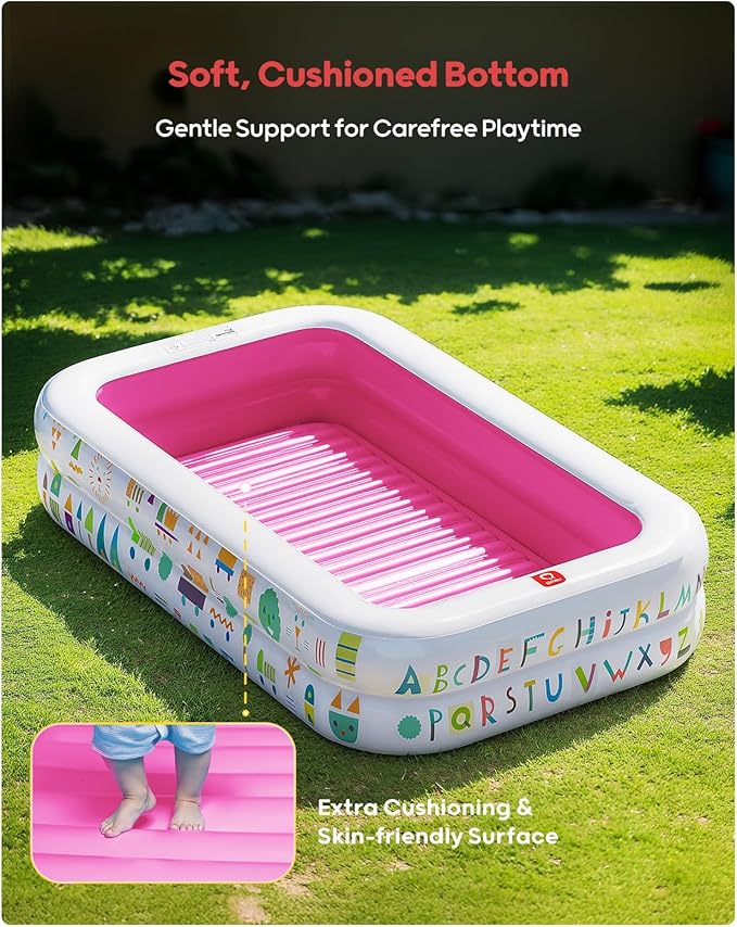 QPAU Kiddie Pool – 65" x 39" Inflatable Pool for Kids & Toddlers, Ball Pit & Baby Pool with Soft Floor, Educational Alphabet & Number, Durable Outdoor Play Toys for Backyard & Indoor Fun (Pink)