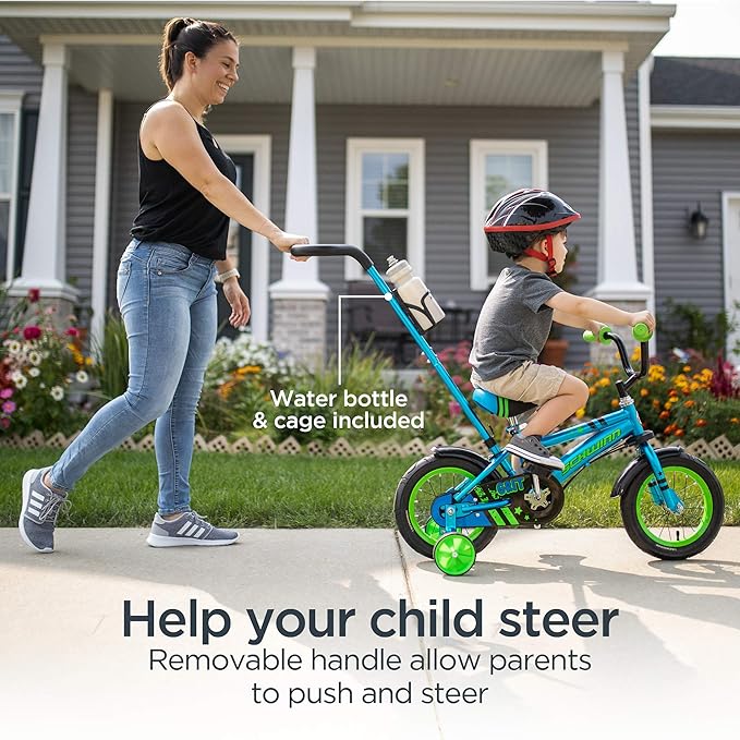 Schwinn Grit and Petunia Push Steer and Ride Kids Bike, For Boys & Girls Ages 2-4 Year Old, Rider Height 28-38 Inch,12-Inch Wheels, Training Wheels, Detachable Push Handle with Water Bottle & Holder