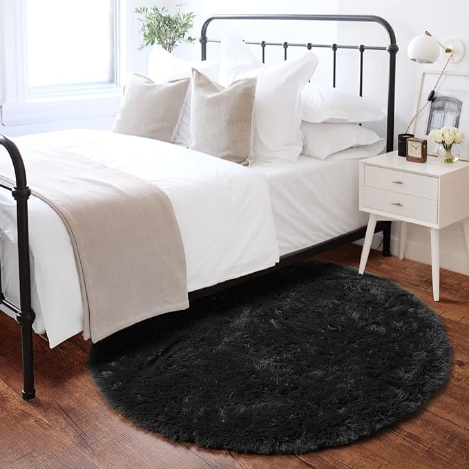 ONASAR Black Round Area Rugs 6ft, Ultra Soft Bedroom Circle Rug for Kids Girls Boys Teen Room, Fluffy Plush Shaggy Carpet Floor Mats for Baby Nursery Living Room Playroom Dorm Home Decor