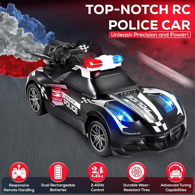 Remote Control Car – Police Car Toy with Powerful Motor, Anti-Slip Rubber Tire – RC Cars with Stunt Spray Button – Unique Smoke Effect and Water Injection