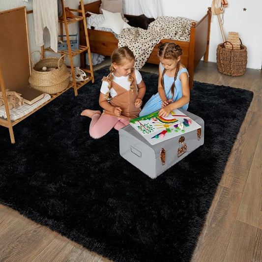 Super Fluffy Area Rug for Bedroom, Modern Shag Black Small Throw Rugs, Soft and Cozy Plush Carpet for Kids,Girls Boys and Teens Decorations for Living Room Dorm Nursery Classroom, 2x3 Feet