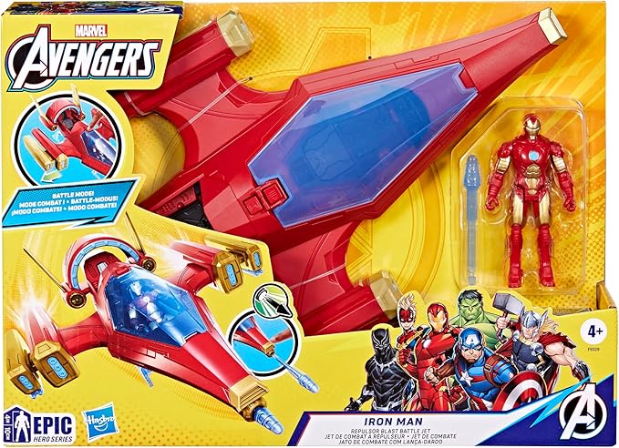 Marvel Avengers Epic Hero Series Iron Man Repulsor Blast Battle Jet, 4-Inch (10 cm) Vehicle & Action Figure Set, Super Hero Toys, Kids Ages 4 & Up