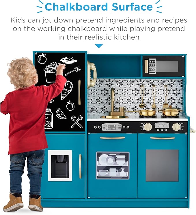 Best Choice Products Pretend Play Kitchen Wooden Toy Set for Kids w/Realistic Design, Telephone, Utensils, Oven, Microwave, Sink - Teal