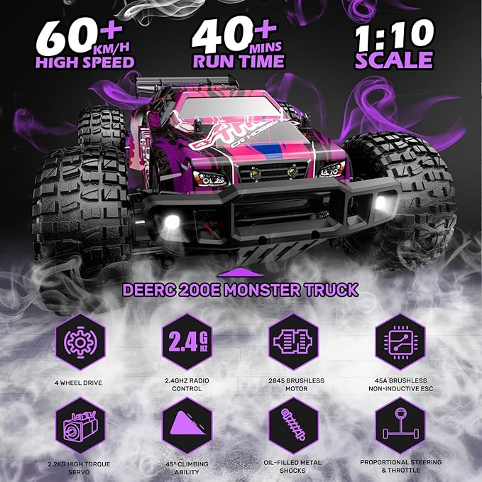 DEERC 200E 1:10 Large 3S Brushless High Speed RC Cars for Adults, 4X4 Fast RC Trucks W/Extra Shell LED Headlight, 60 KM/H, All Terrain Remote Control Car, Offroad Monster Truck for Boys,2 Battery